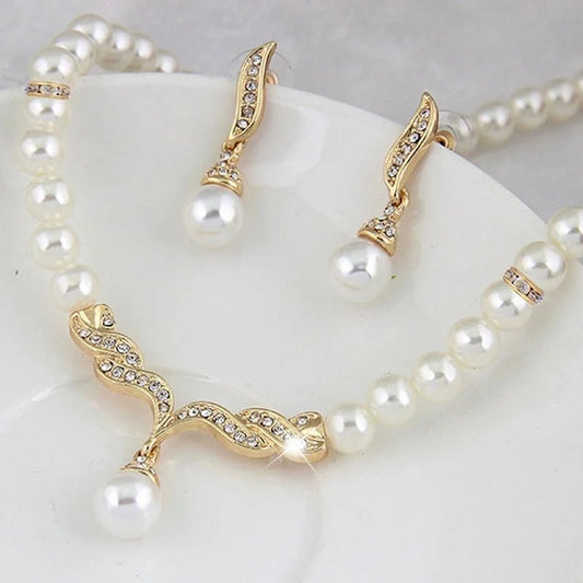 Creative Gold Color Necklace + 1 Pair Earrings Wedding Bridal Pearl Jewelry Set For Women Lady Female - UNAKIT