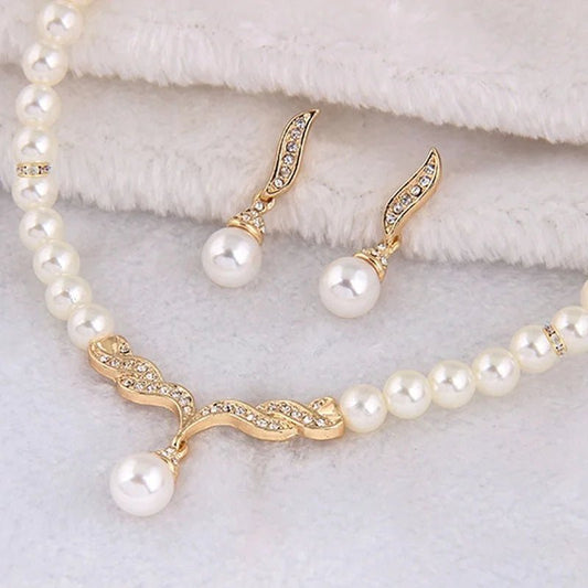 Creative Gold Color Necklace + 1 Pair Earrings Wedding Bridal Pearl Jewelry Set For Women Lady Female - UNAKIT